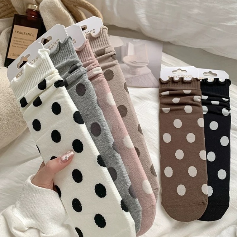 1/ 6 pairs Women's Spring Autumn Sweat Absorbing Breath Socks Cute Polka Dot Ear Curled Edge Stacking Socks Simple Women's Socks