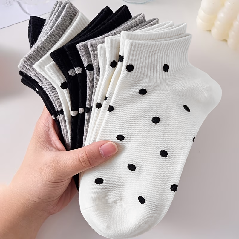 5 Pairs - Women's Polka Dot Socks, Breathable Black, White, and Gray Three Color Socks, Casual and Sweet Versatile Socks