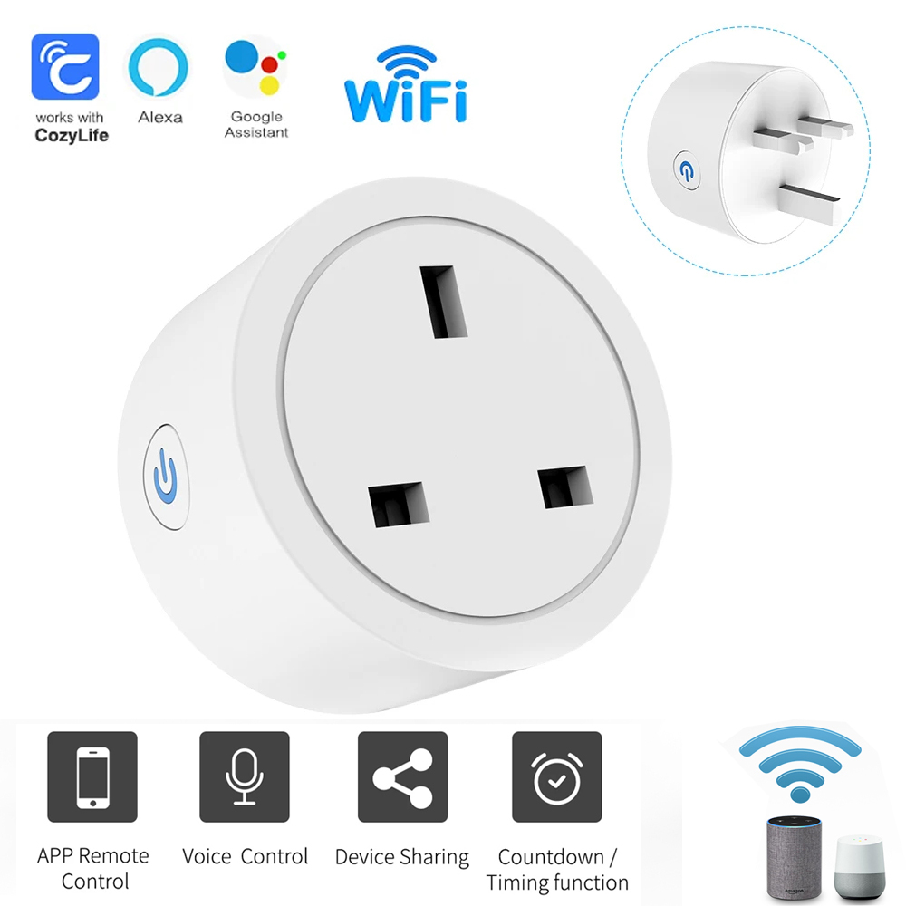Smart socket UK Plug 16A with voice control function. Cozylife mobile App enables remote and timed switch control.