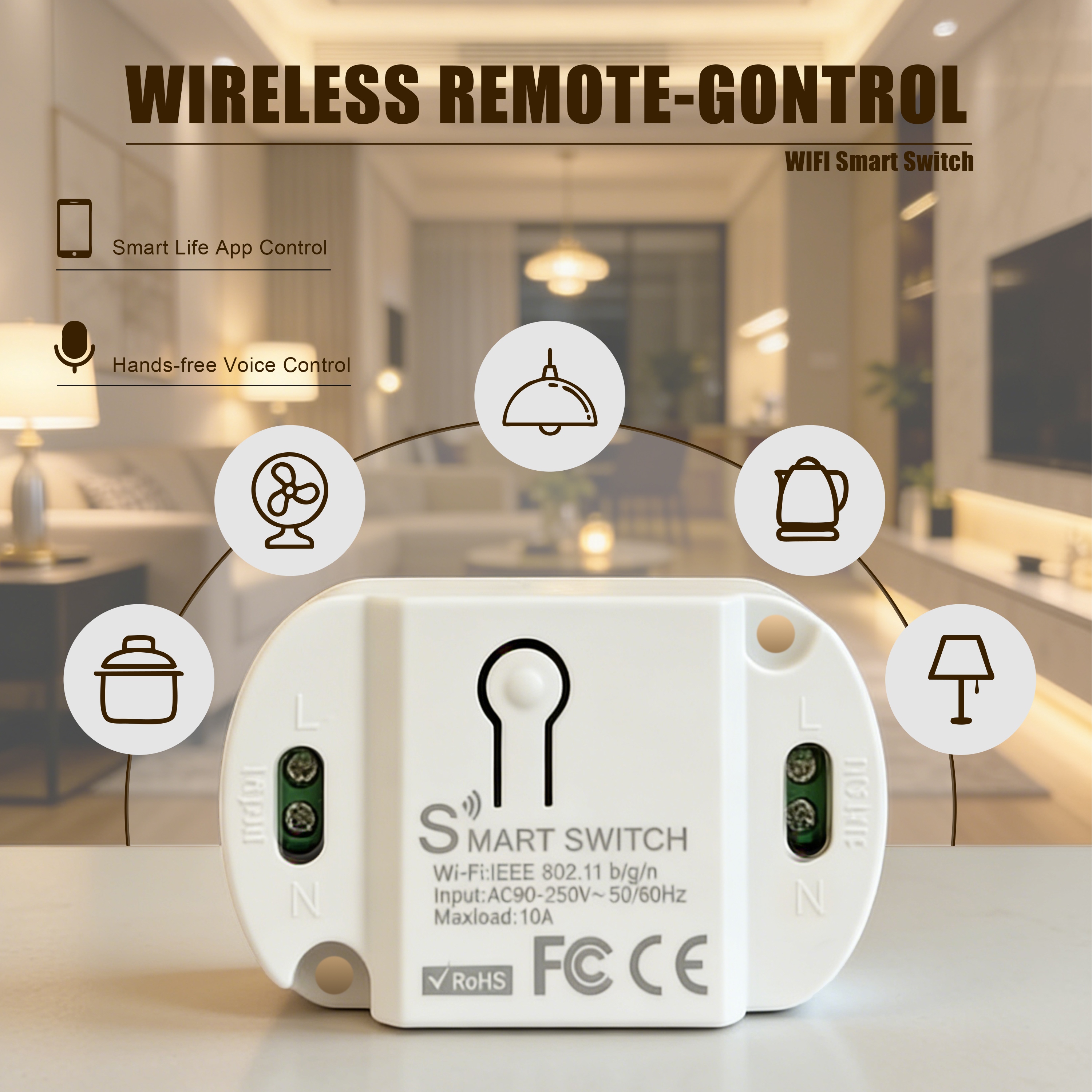 AC 90-250V 10A Mini WiFi Smart Switch Module+2.4G Remote Control Works with Alexa Tmall Genie Home and eWeLink Compatible