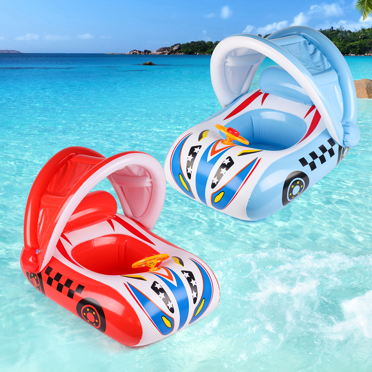 1PC Swim ring with a sunshade, car-shaped inflatable pool floats with an adjustable sunshade and safety seat
