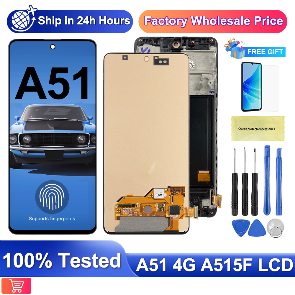 AMOLED For Samsung Galaxy A51 A515 A515F LCD Display Touch Screen Digitizer Assembly A51 LCD Replacement with Frame, Fingerprint