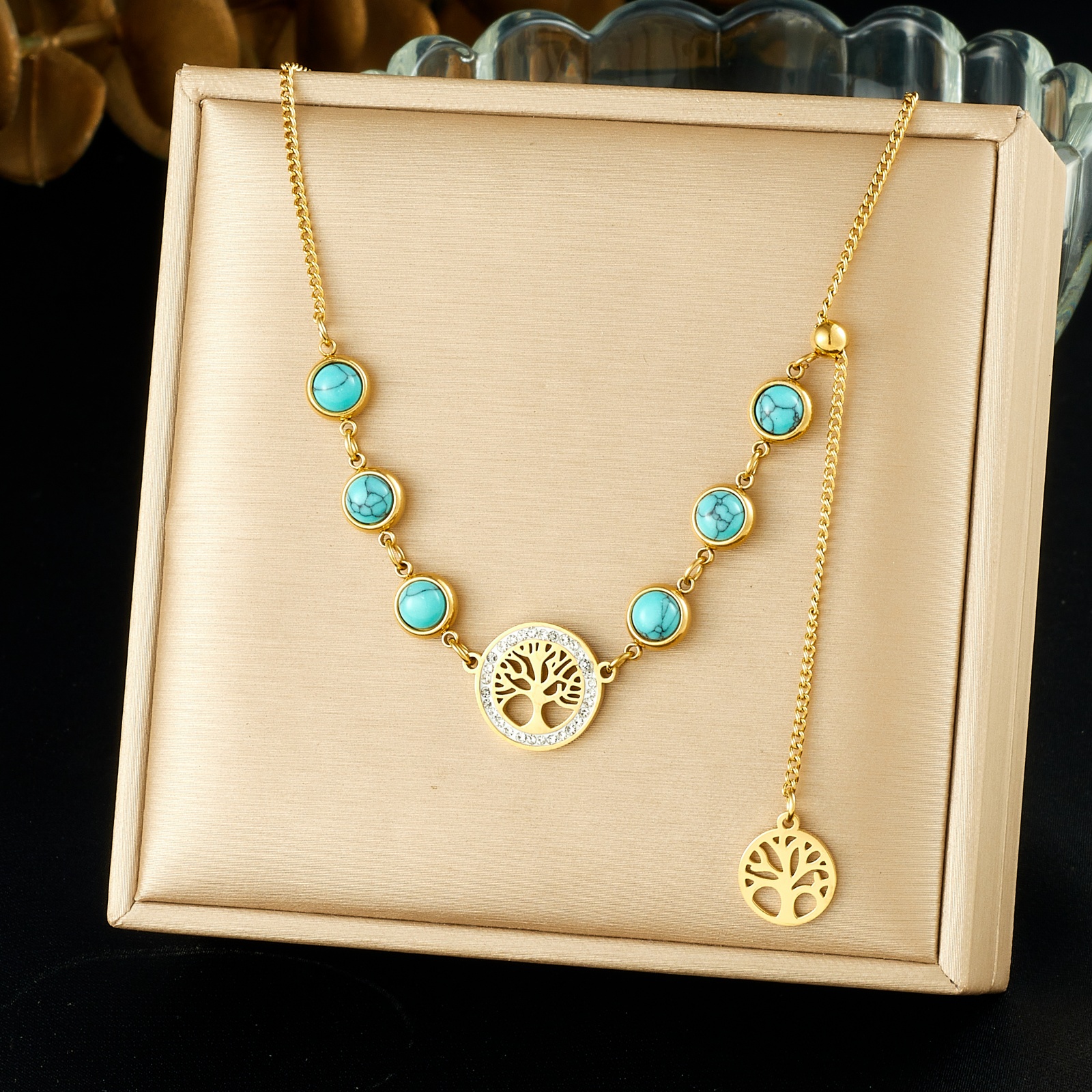 Stainless Steel Golden Long Tassel Necklace Tree of Life Turquoise Pendant Necklace Waterproof Lady Elegant Jewelry