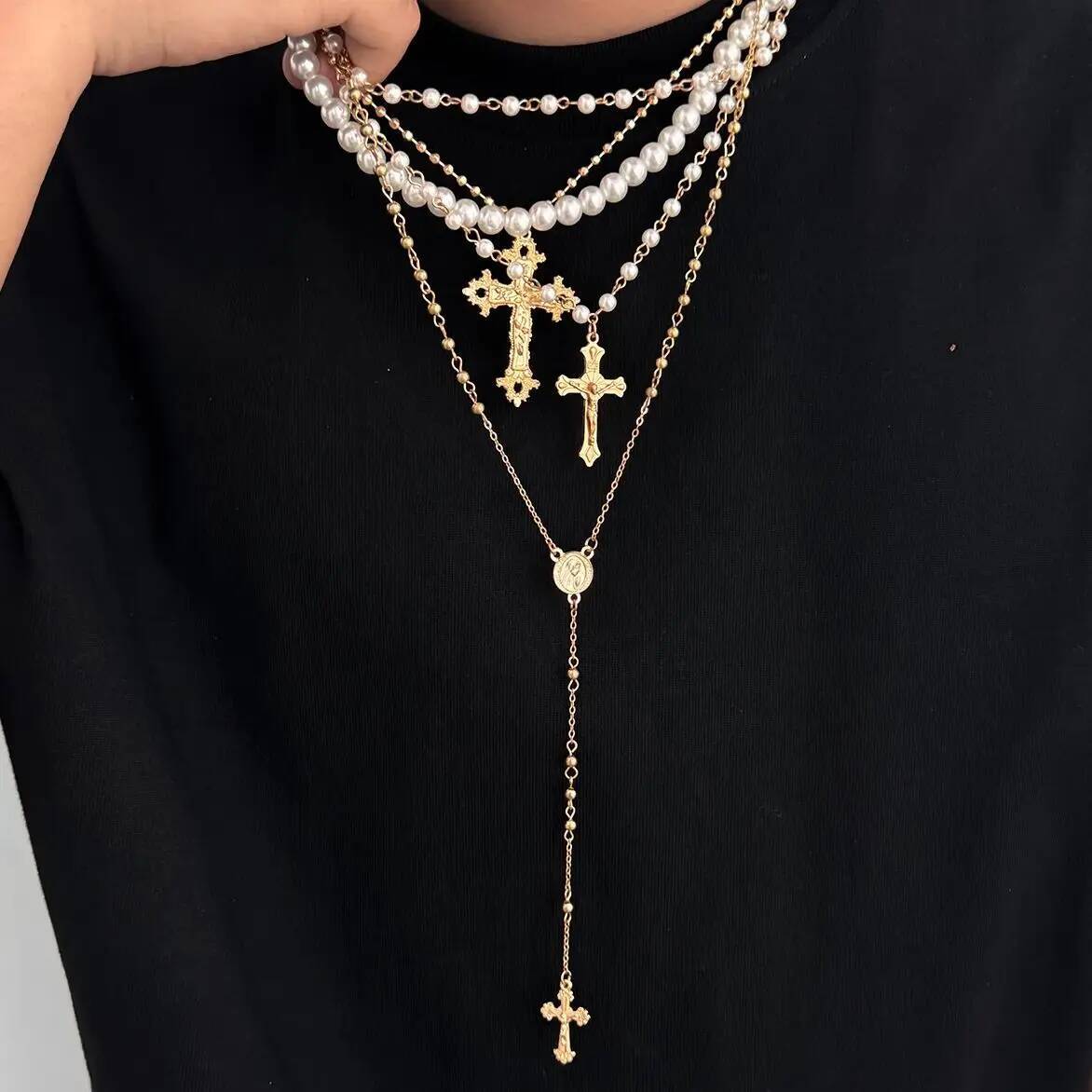 Lacteo 4 Pcs/Set Bohemia Imitation Pearl Choker Necklace Women Vintage Creative Gold Color Cross Pendant Necklace Charm Jewelry