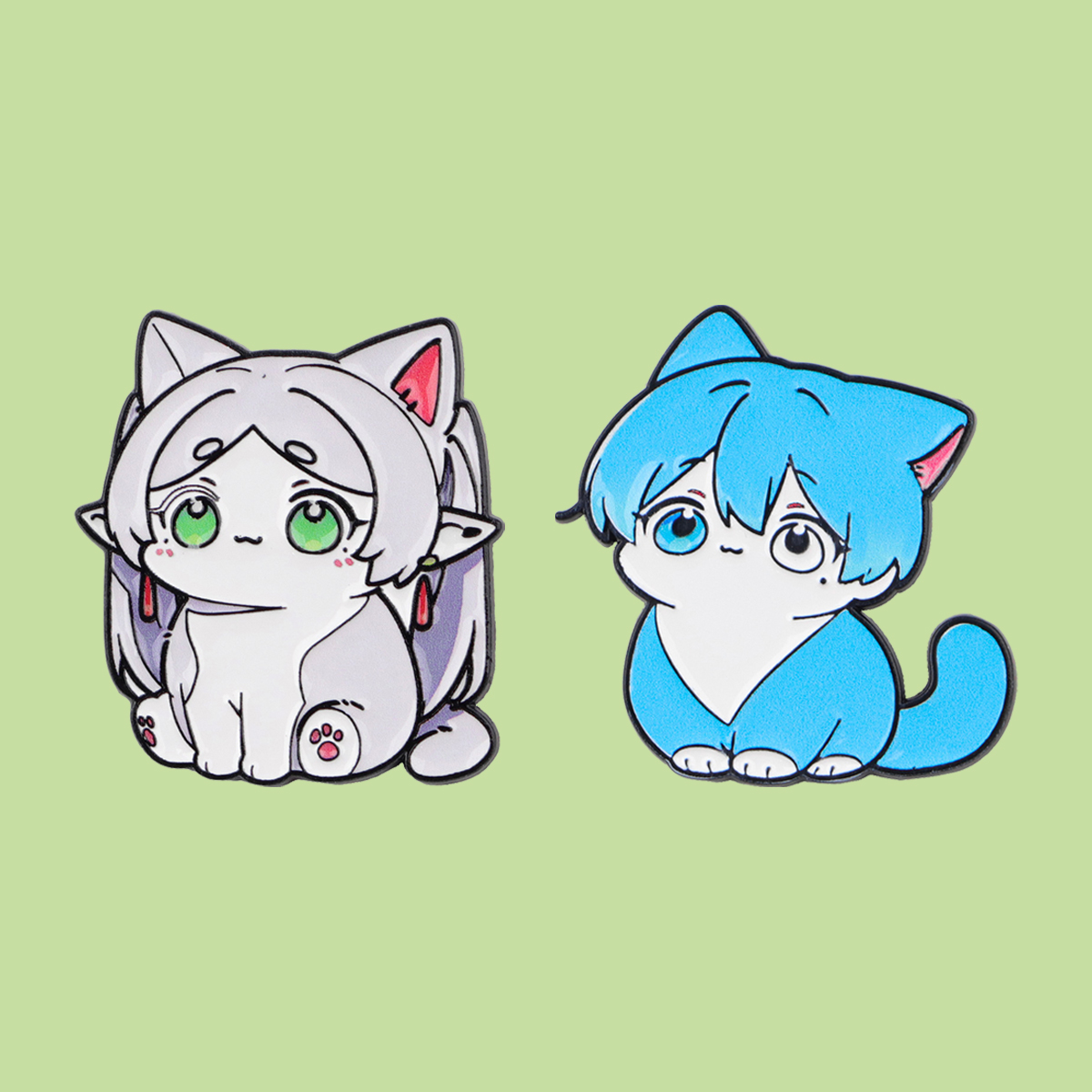 2pcs/Set Cute White Blue Haired Elf Enamel Pin Cartoon Cat Solf Brooch Backpack Collar Lapel Badges Fashion Jewelry Fans
