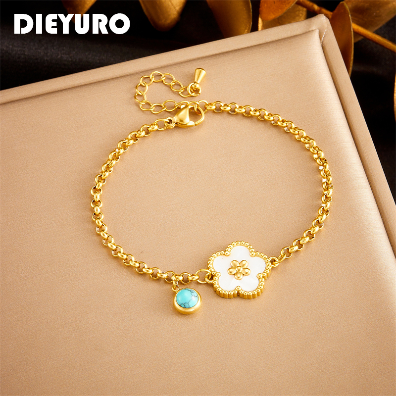 DIEYURO 316L Stainless Steel Cute White Flower Bracelet For Women New Party Fashion Five-Leaf Clover Wrist Chain Jewelry