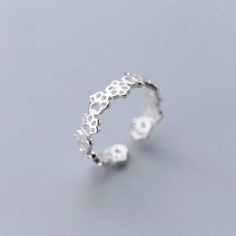 New Fashion Creative Hollow Kitten Paw Print 925 Sterling Silver Jewelry Cute Temperament Cat Animal Opening Rings R281