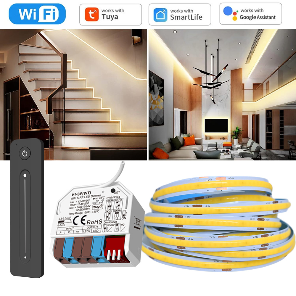 10m 20m Tuya WiFi Mini Controller COB LED Strip 24V Dimmable Room Light White 3000K 4000K 6000K Remote for Alexa Home Assistant