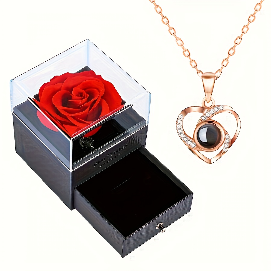 Mother's Day Gifts Projection Necklace with Luxury Rose Flower Gift Box 100 Languages I Love You,Anniversary Present