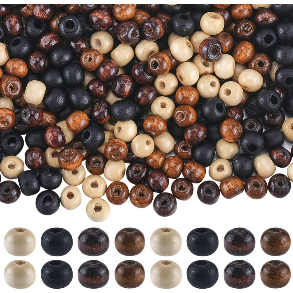 400PCS 4 Styles Round Wooden Spacer Beads 8MM Brown Black Unfinished Natural Wood Hair Beads Bulk 3MM Hole Wooden Loose Ball