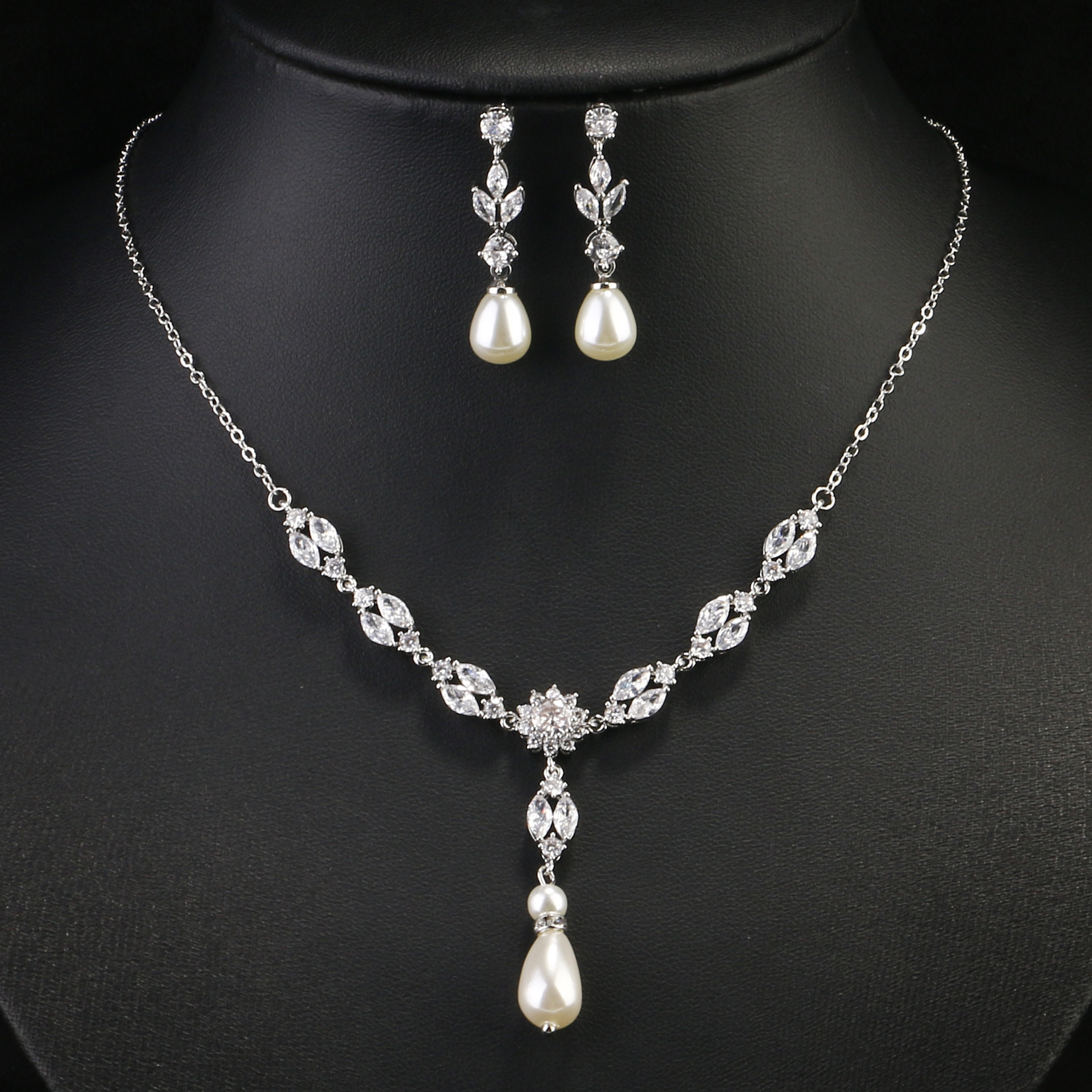 ZAKOL Classic Elegant AAAA Cubic Zirconia Imitation Pearl Dangle Earring Necklace Set Sparkling jewelry for Formal Ocns