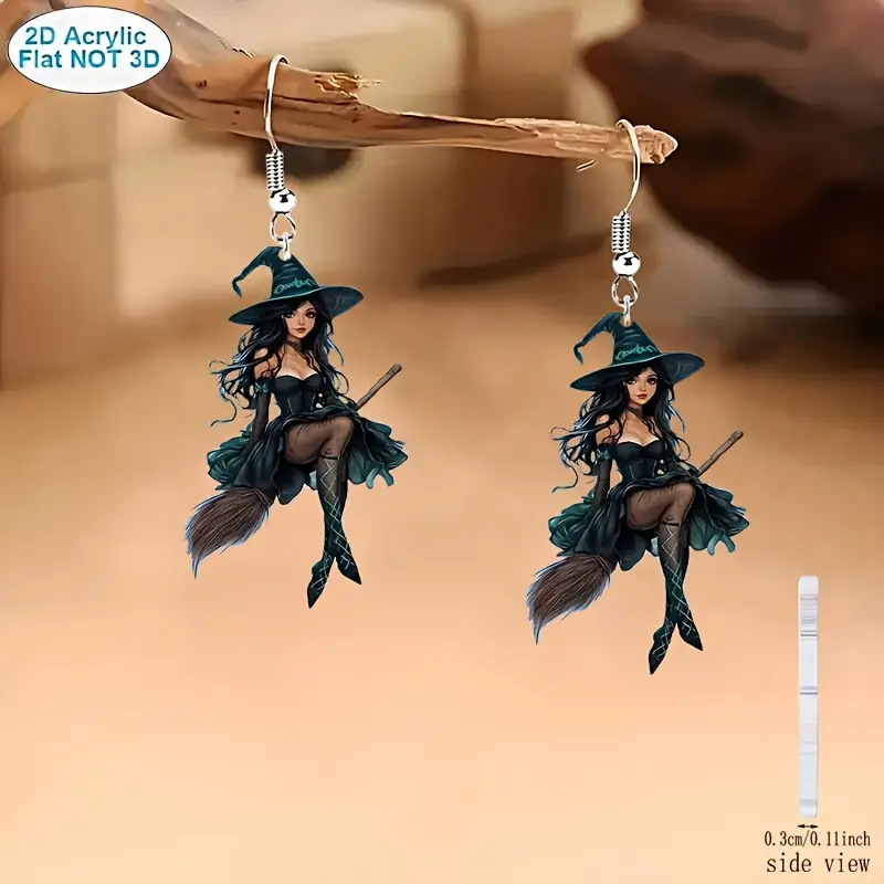 1 pair of 2D acrylic Halloween witch earrings, dark creative design, elegant and cartoon magician earrings