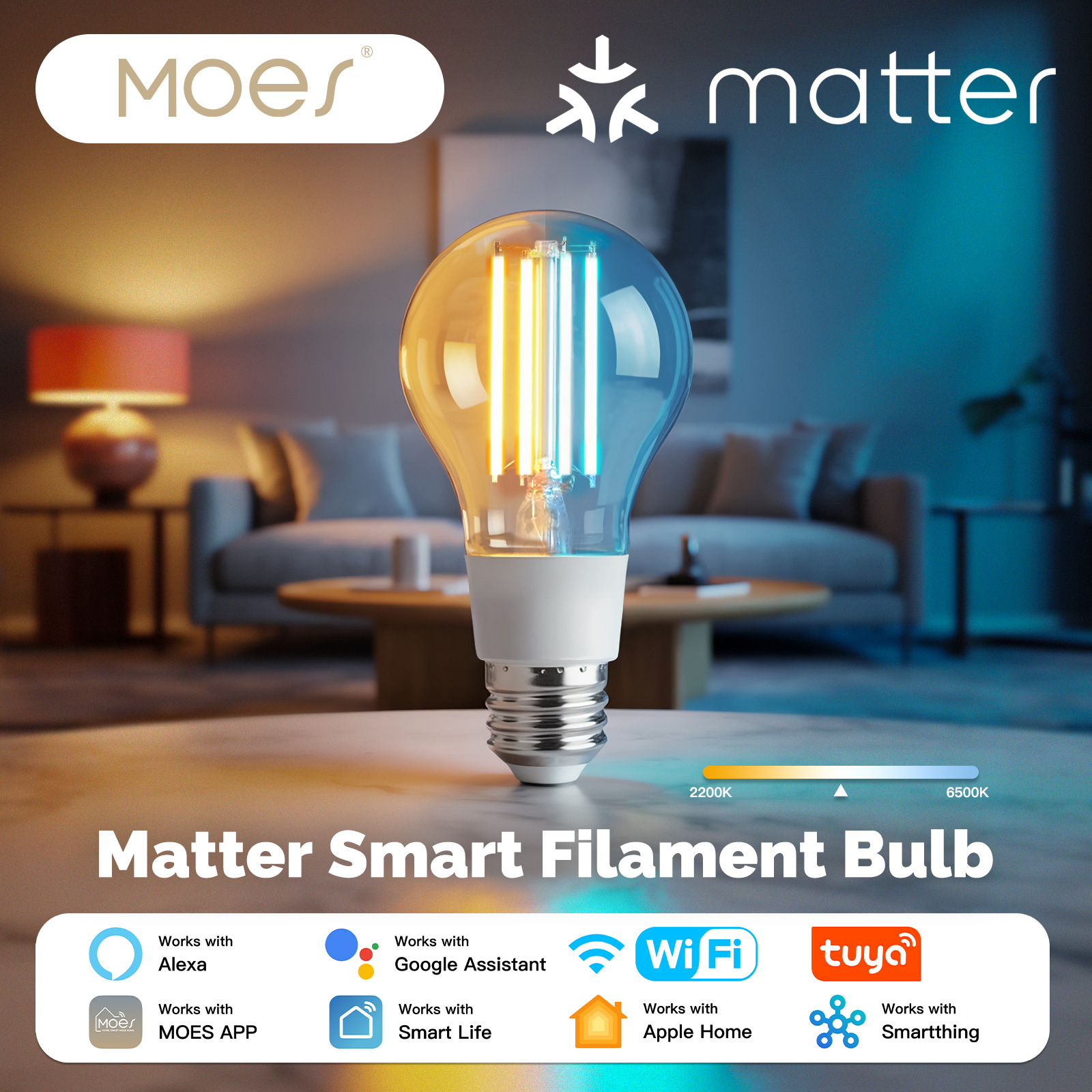 ​​MOES Smart Filament Bulb E27 7W Dimmable LED Light 806LM 2700K-6500K, Works with Alexa Home Tuya Matter