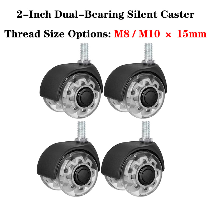 4pc 2 Inch Silent PU Caster Wheels Dual Bearing 360° Swivel with M8/M10 X 15mm Threaded Stem for Furniture Office Chair And Cart