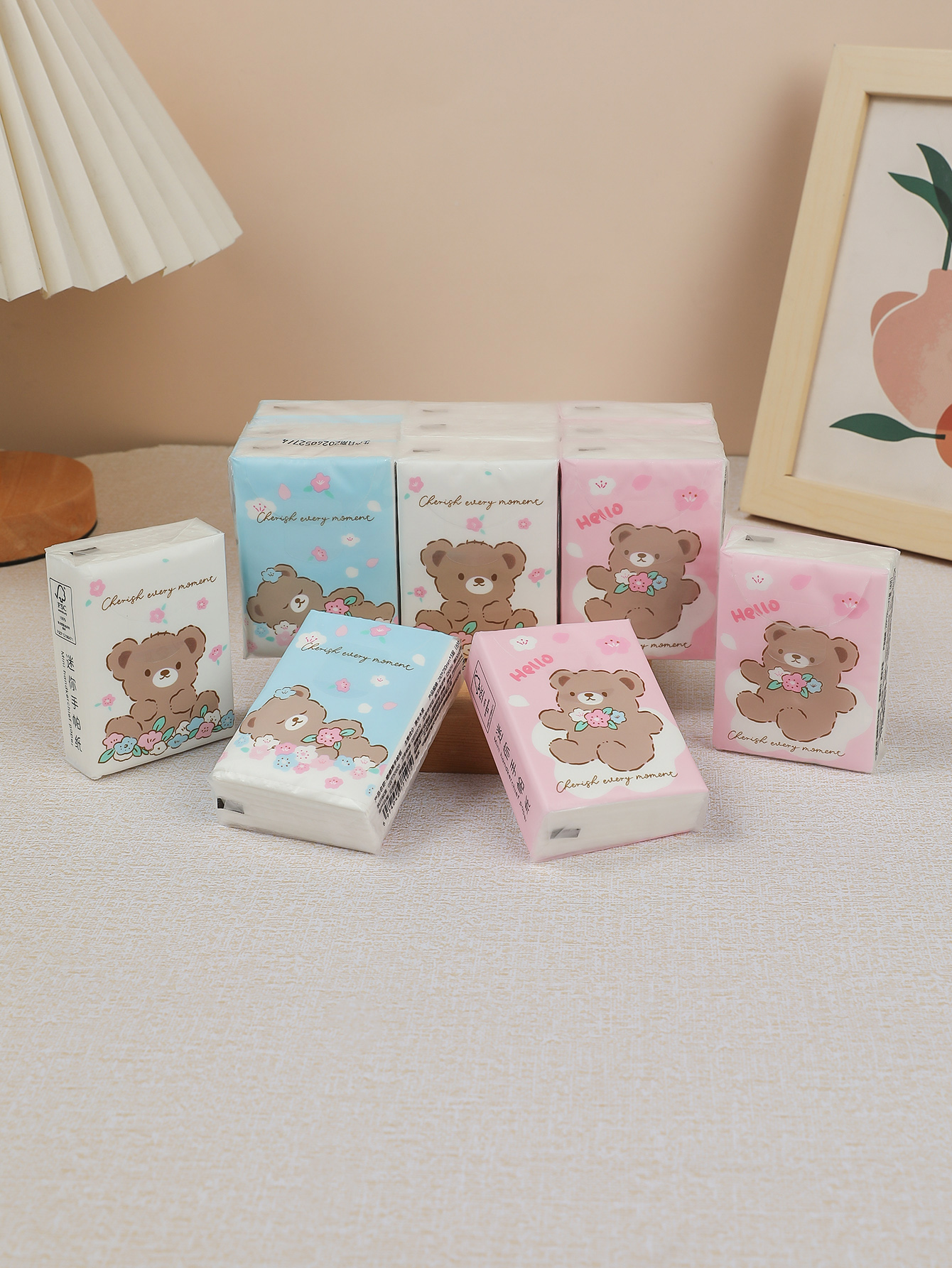 9 / Pack Cute Bear Design Colorful Cartoon Original Wood Pulp Pocket Paper Towels For Daily Cleaning Use