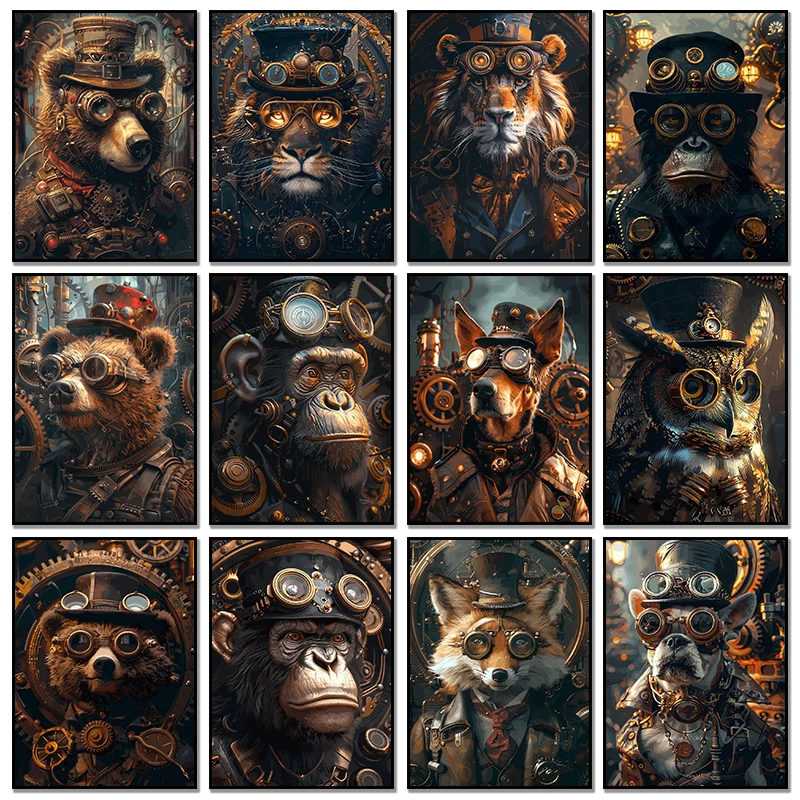 Steampunk Tiger Fox Owl Poster Art Canvas Painting And Prints Retro Funny Animal Tiger Gorilla Poster For Living Room Home Decor