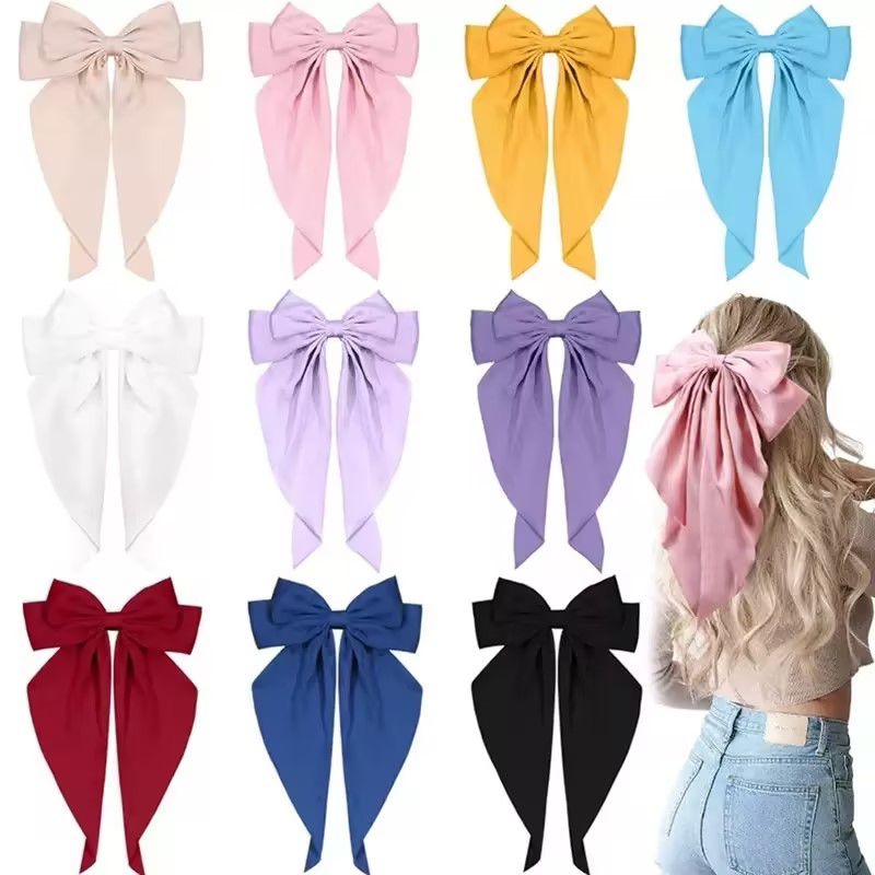 Extra Large Solid Color Long Satin Bow Ribbon Hairpin Hair Accessories For Women