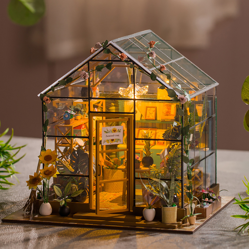 DIY Japanese Sakura Greenhouse Dollhouse Kit LED Light 3D Wooden Miniature House Model Creative Handmade For Friends Family