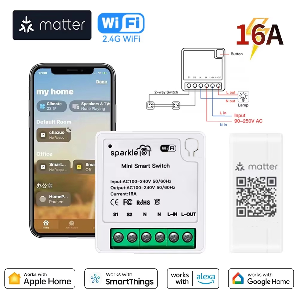 Matter WiFi Smart Switch 16A Smart Home Light Switch Relay Module Voice Control Work with Alexa Homekit Smartthings Tuya