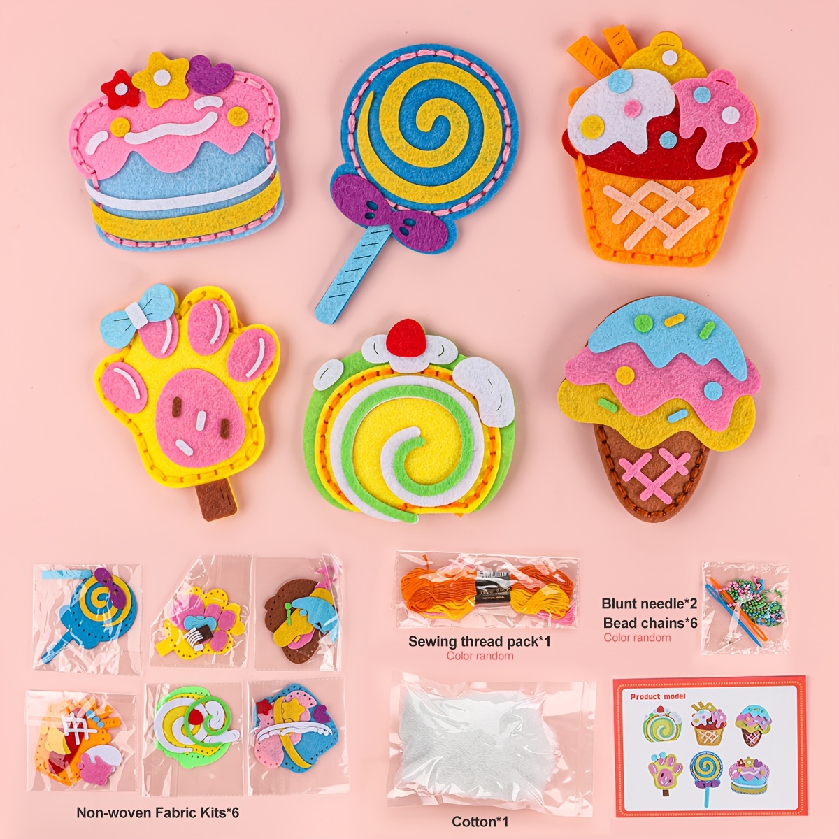 6PCS Dessert Cake DIY Sewing Kit, Cute Wallet Pendant, Felt Handmade Material Bag, Girls' Birthday , Creative Handicrafts