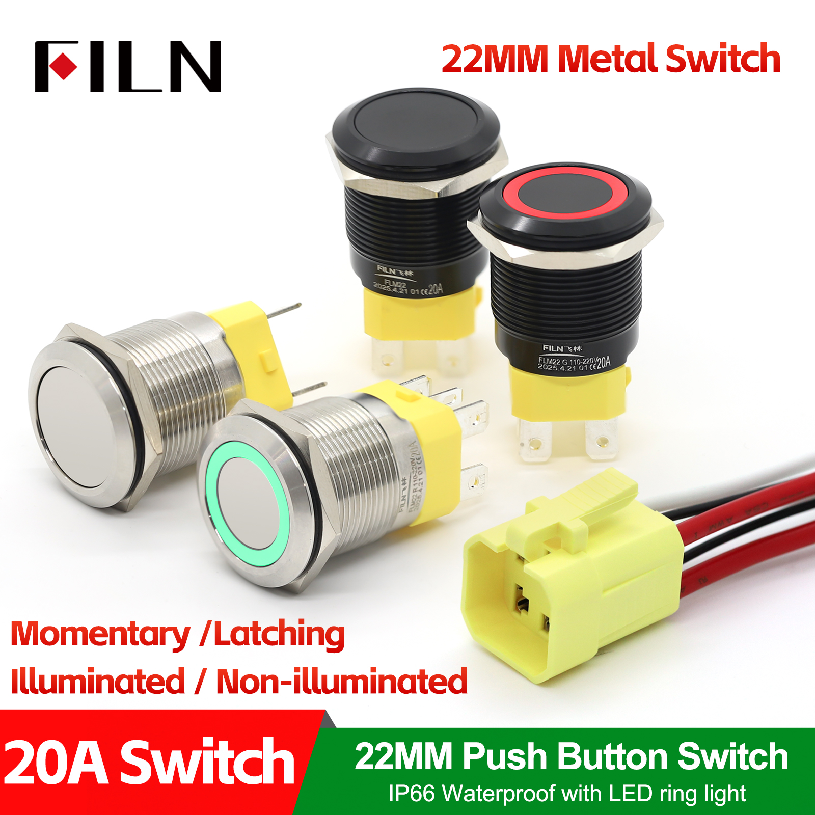 FILN IP67 22mm 20A Waterproof Metal Button Stainless Steel Push Button Switch 12V 24V 110V 220V High Current Flat Ring Round