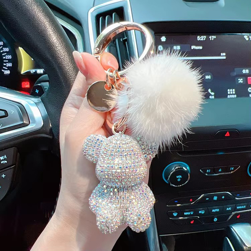 New fashion full diamond sitting bear key chain creative mink hair car key chain cute bag pendant . pen gpt