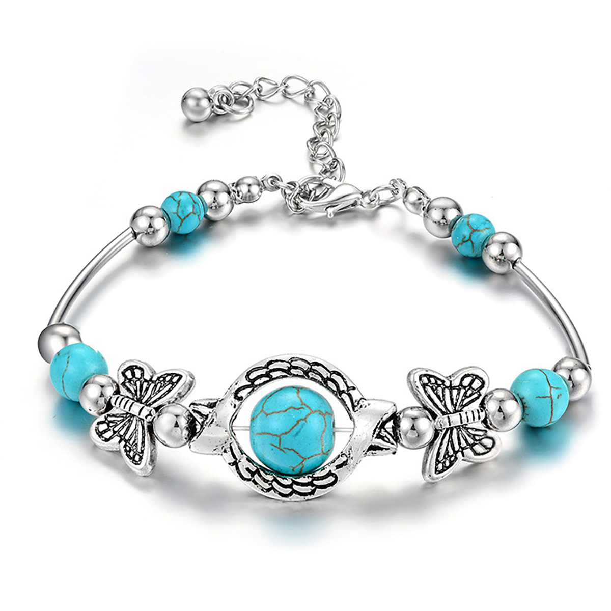Ethnic Style Bohemian Natural Turquoise Butterfly Round Bead Bracelet for Women Summer Beach Decorative Accessories Jewelry Gift