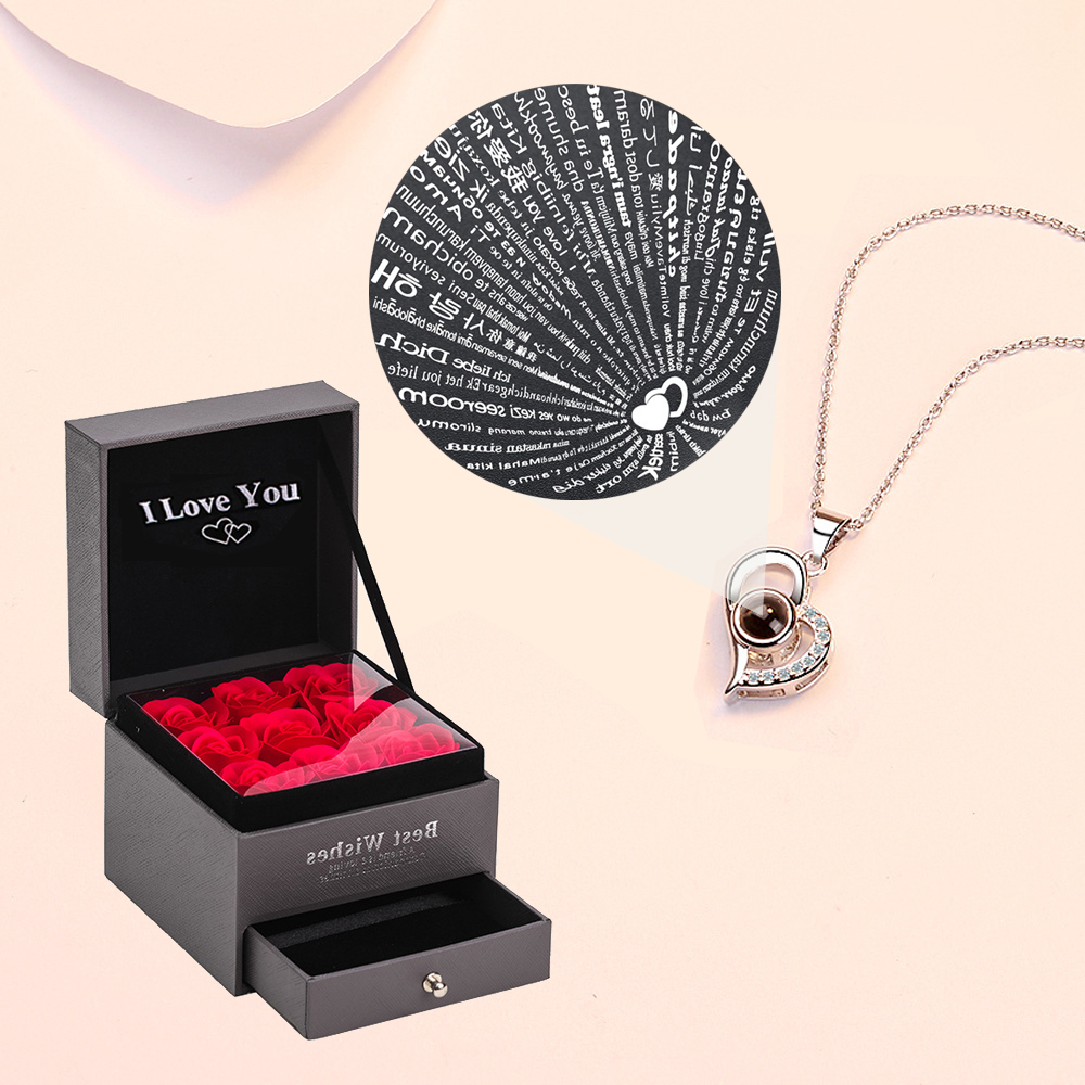 Love Zircon Necklace 100 Languages I Love You projection Pendant For Women With 9 Roses Gift Box 2023 Hot romantic accessories