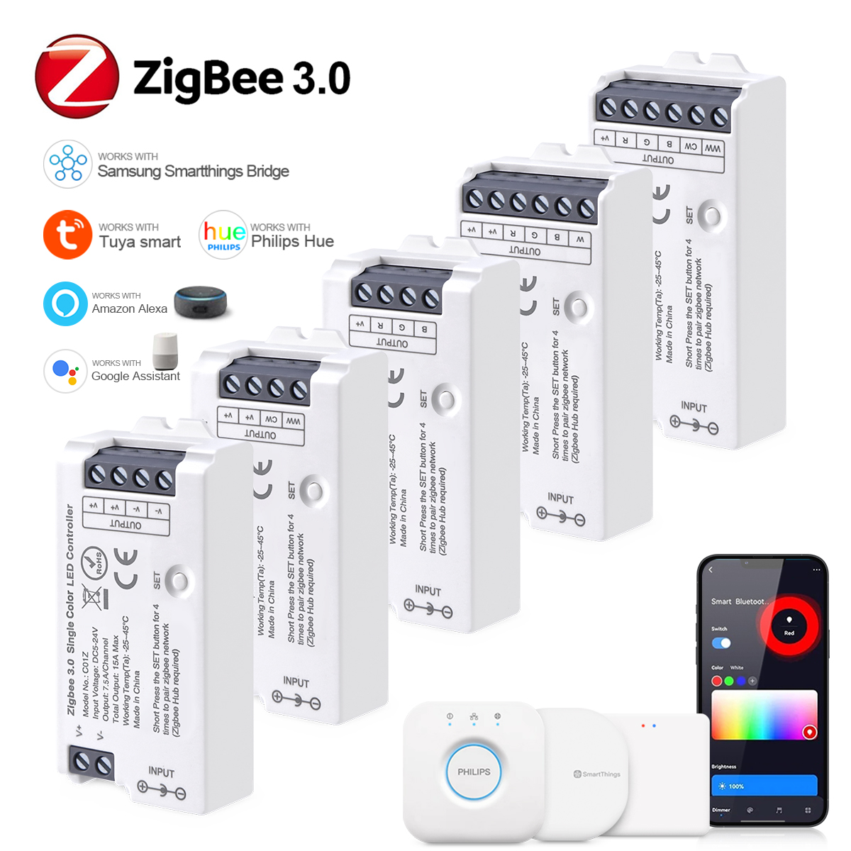 Tuya Zigbee LED Controller for CCT RGB RGBW RGBCCT LED Strip Smart Dimmer Support Hue Bridge SmartThings Alice Voice Control