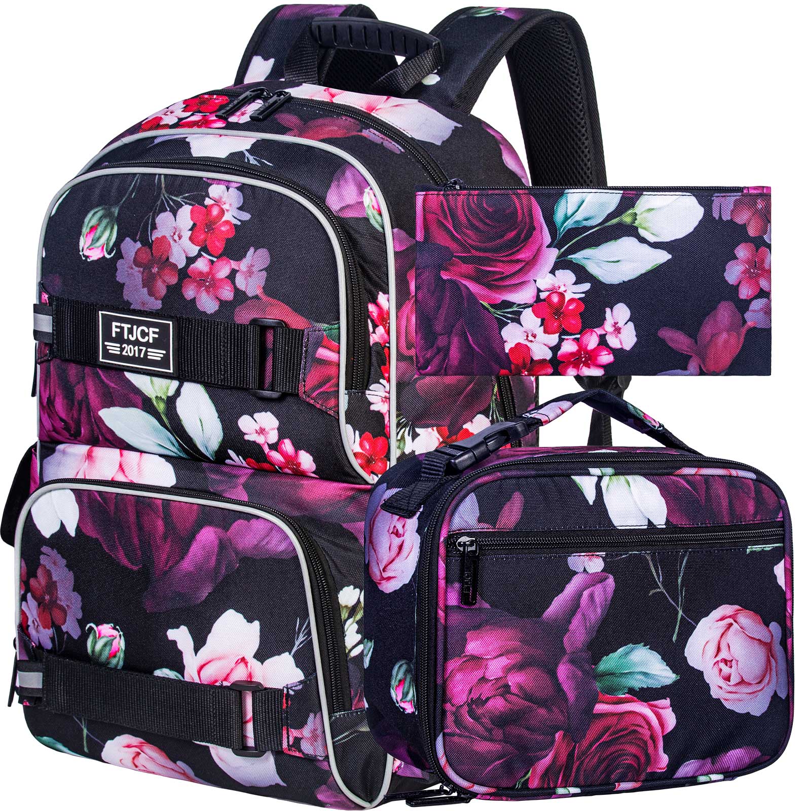 3Pcs Backpack for Girls, 17 Inch Floral School Bookbag with Lunch Box, Durable Rose Laptop Backpack Set for Teens College(Black)