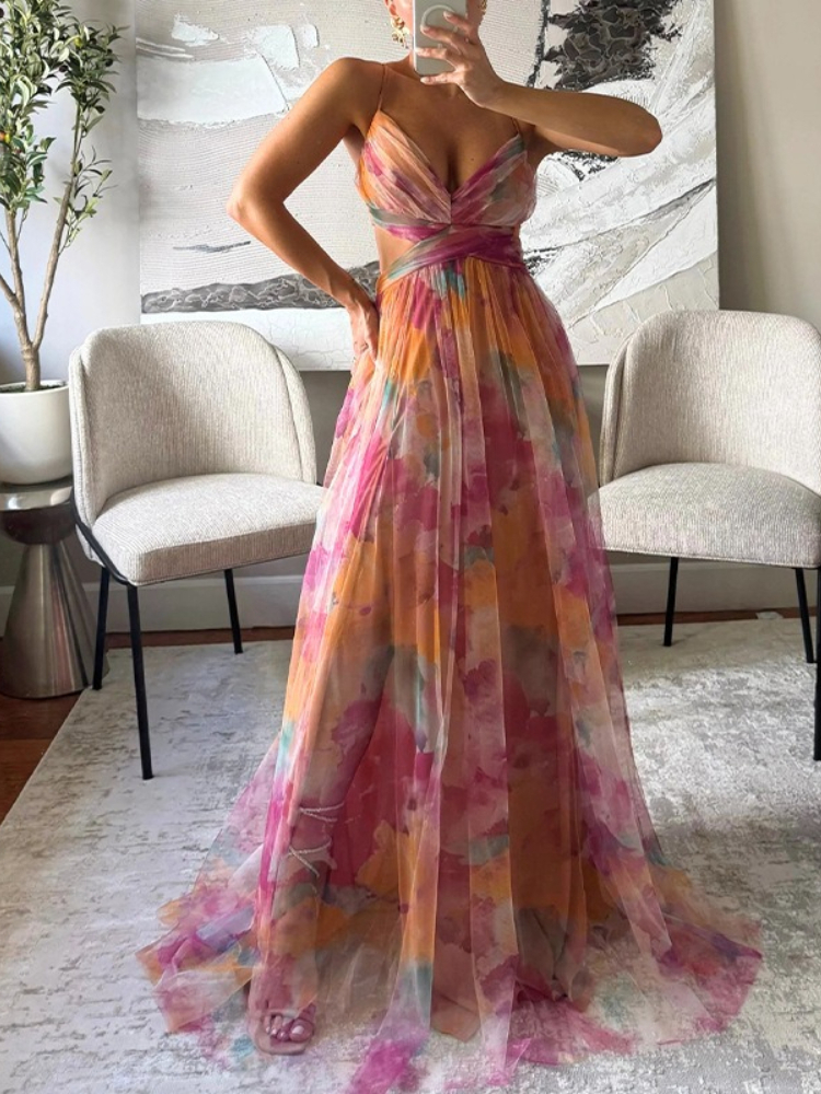 2026 Summer Fashion New Women's Elegant Beach Vacation Dress with Strap Color Blocked Printing Party Grand Display, Long Dress