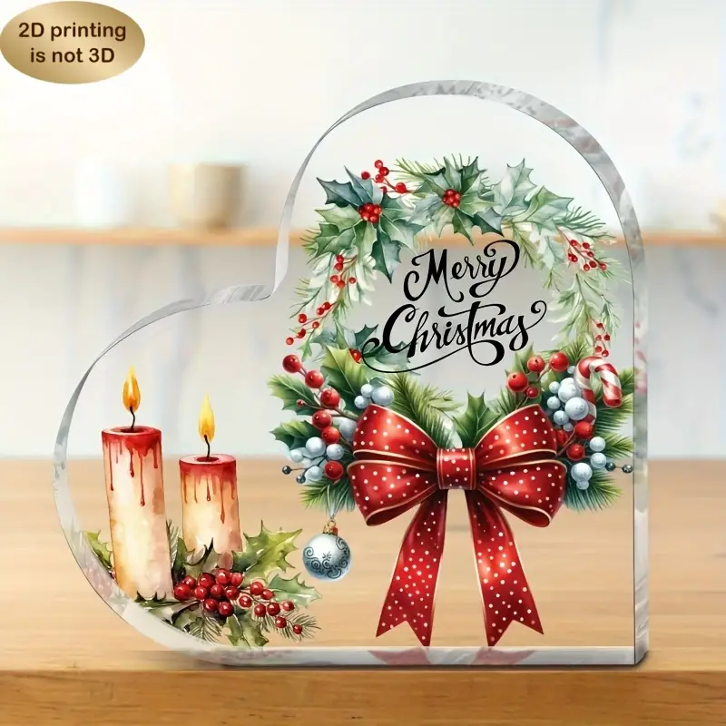 2D Flat, 1pc Heart-Shaped Acrylic Desktop Ornament - Merry Decoration with Red Berries, Holly Leaves - Elegant