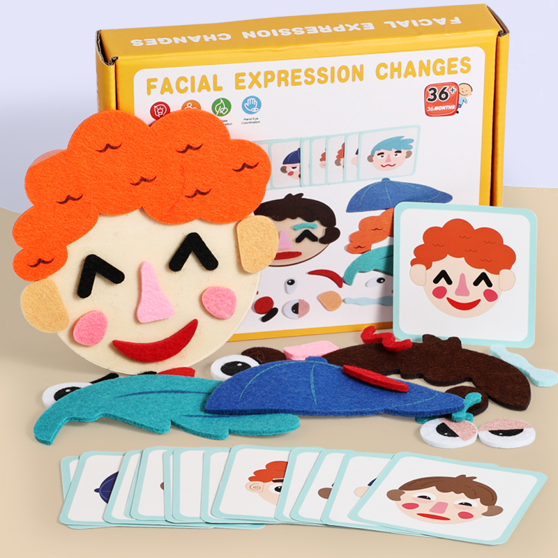 Facial Expressions Changing Puzzle With Wooden Face And Felt Cloth Accessories, Face Matching Game, DIY Toys For Kids