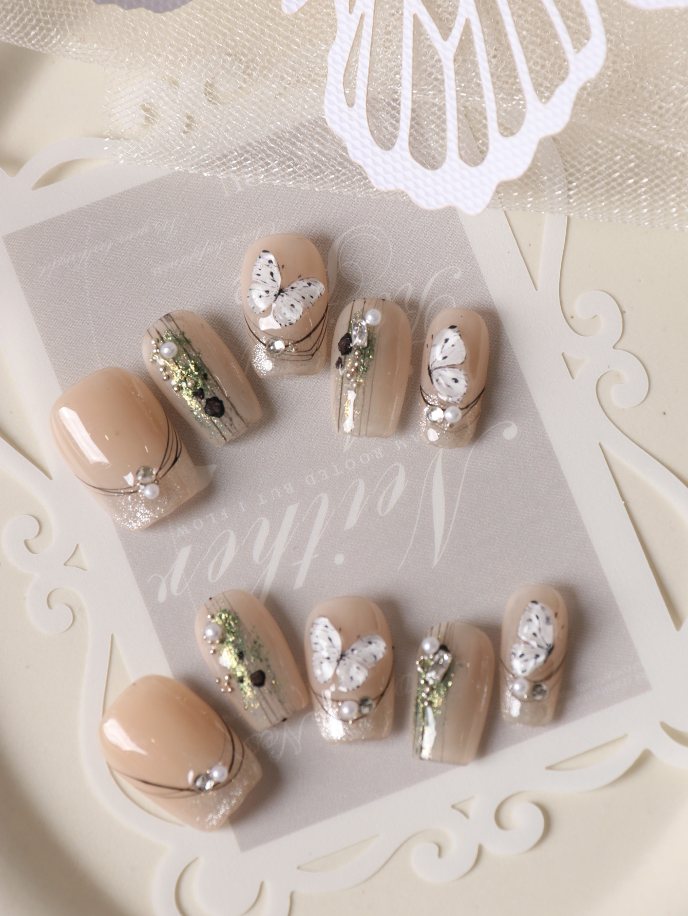 10Pcs Press on Nails Fake Nails Short Green Butterfly Black Line Includes 1 Sheet of Adhesive Tabs & 1 Pc Mini File