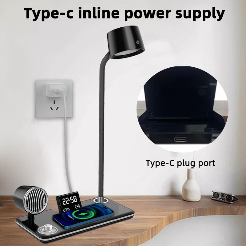 Multifunctional Led Desk Lamp with Bluetooth Audio Electronic Clock Wireless Charging, Knob Control Three Color Reading Lighting