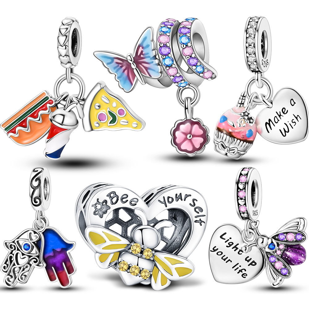 925 Sterling Silver Cute Inspirational Charms Butterfly Bee Hamsa Beads Fit Original Bracelets Energy Jewelry For Woman