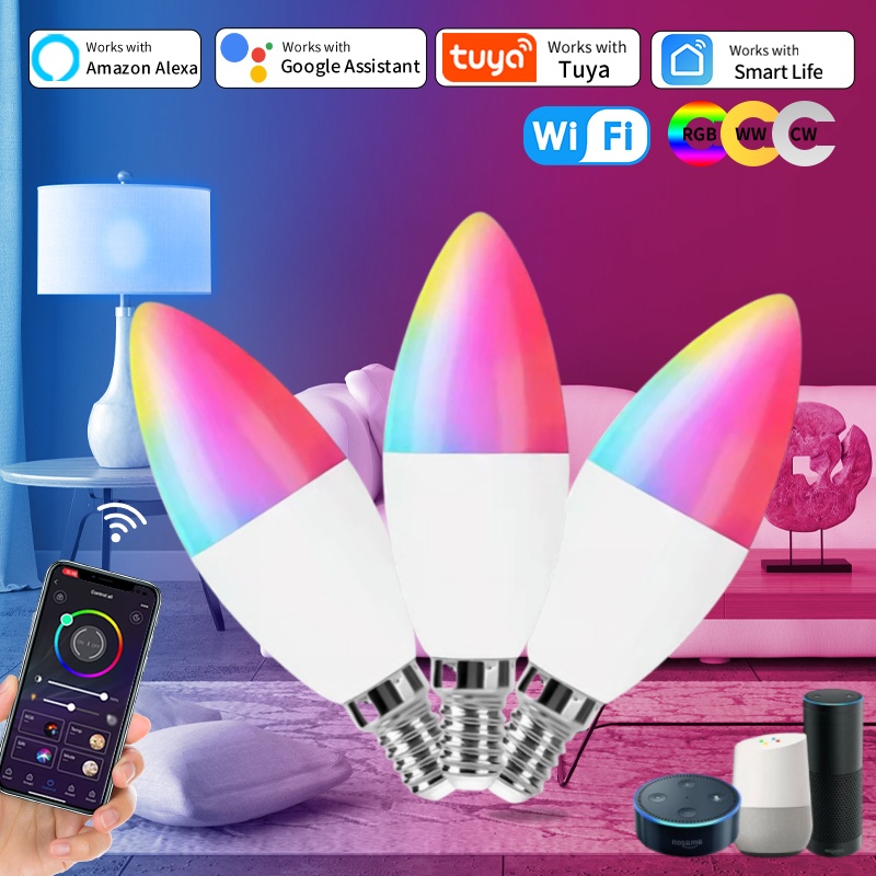 Tuya Smart WiFi LED Bulb E14 Candle Lamps 5W 7W 9W 220V Dimmable RGB Lamp APP Smart Voice Control Alexa Assistant Home