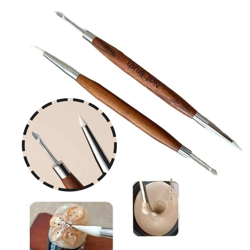 1PC Wood Double Head Nail Art Brush Silicone Spatula Brush Carving Flower Painting Pen Stainless UV Glue Mixed DIY Manicure Tool pen gpt