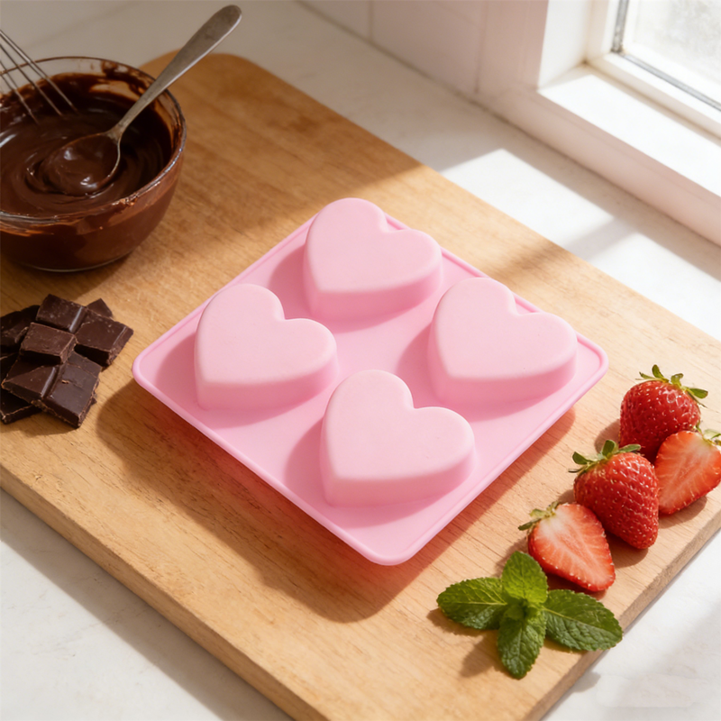 2026 NEW 5.9inch*5.9inch Food Grade Silicone Mold 4 Cavity, Non-Stick Heart Shape for Soap & Candle, Easy Release DIY Craft Tool