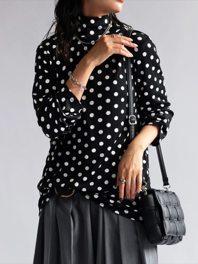 2026 Women's Black White Small Polka Dot Long Sleeves T-shirt Turtleneck Oversized Top Retro Streetwear Spring and Summer Shirts