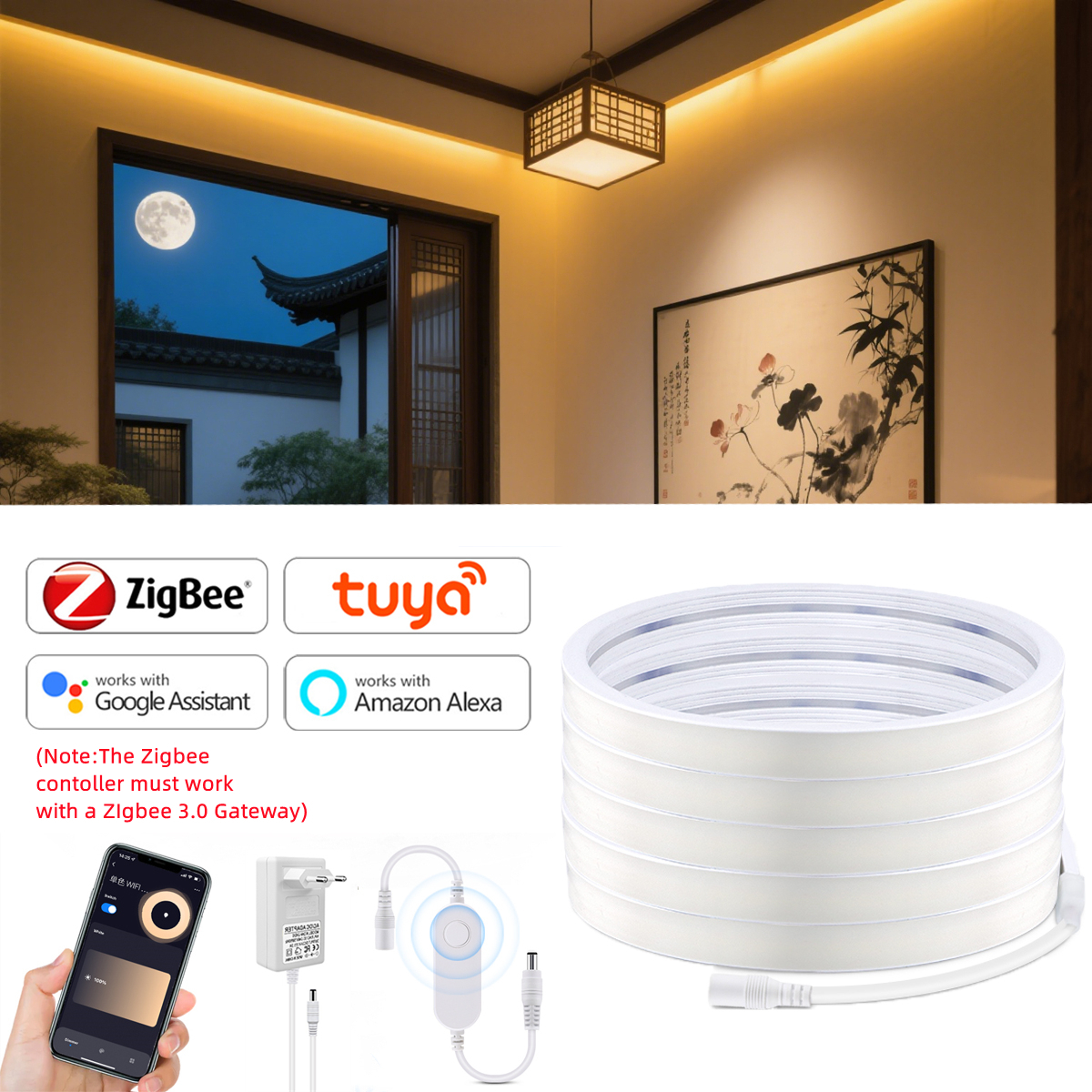 Tuya Zigbee COB Led Strip Linear Dimmable 12V 1M-5M Neon Light Ribbon Waterproof for Living Room Kitchen Wall Decor Tv Backligh