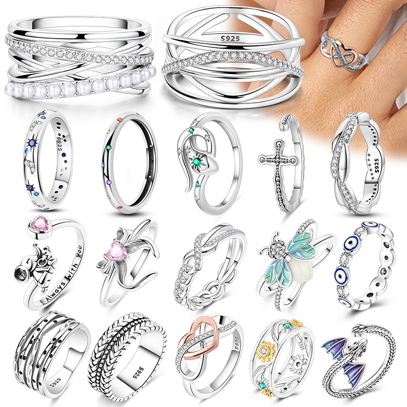 2025 Original 925 Sterling Silver Women Rings Bowknot Crown Love Heart Evil Eye Ring For Birthday Jewelry Anniversary