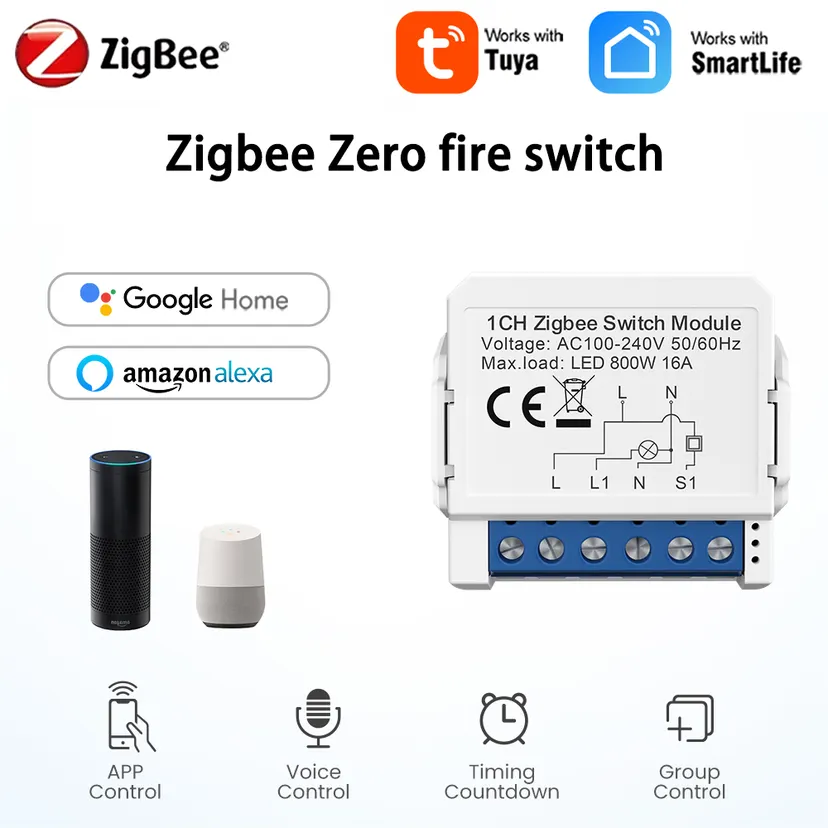 ZigBee Smart Light Switch Module 1/2/3/4 Gang DIY Mini Breaker Switches Module Two-Way Control Work with Alexa Home Alice lightify