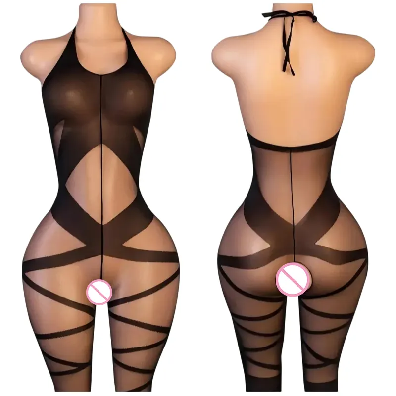 One Piece Crotchless Bodystocking EroticTransparent Lingerie Sexiest Bodysuit Mesh Hollow Bra Set Black Full Body Stockings