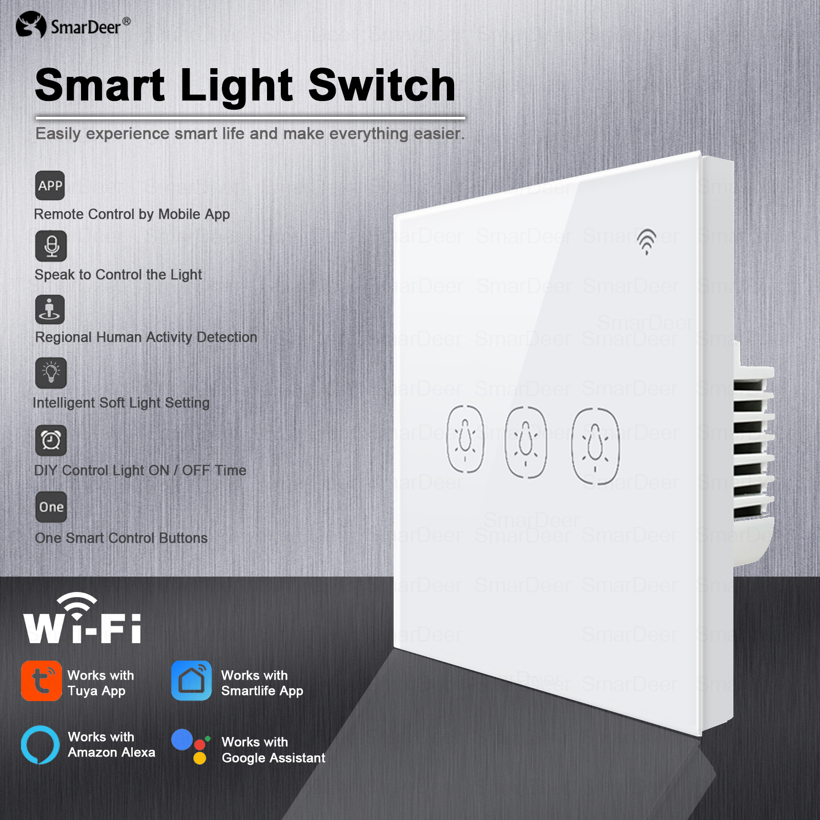 SmarDeer Tuya Smart Switch, 1/2/3Gang Wifi Touch Switches, Works with Alexa and Assistant, WiFi Wall Switch