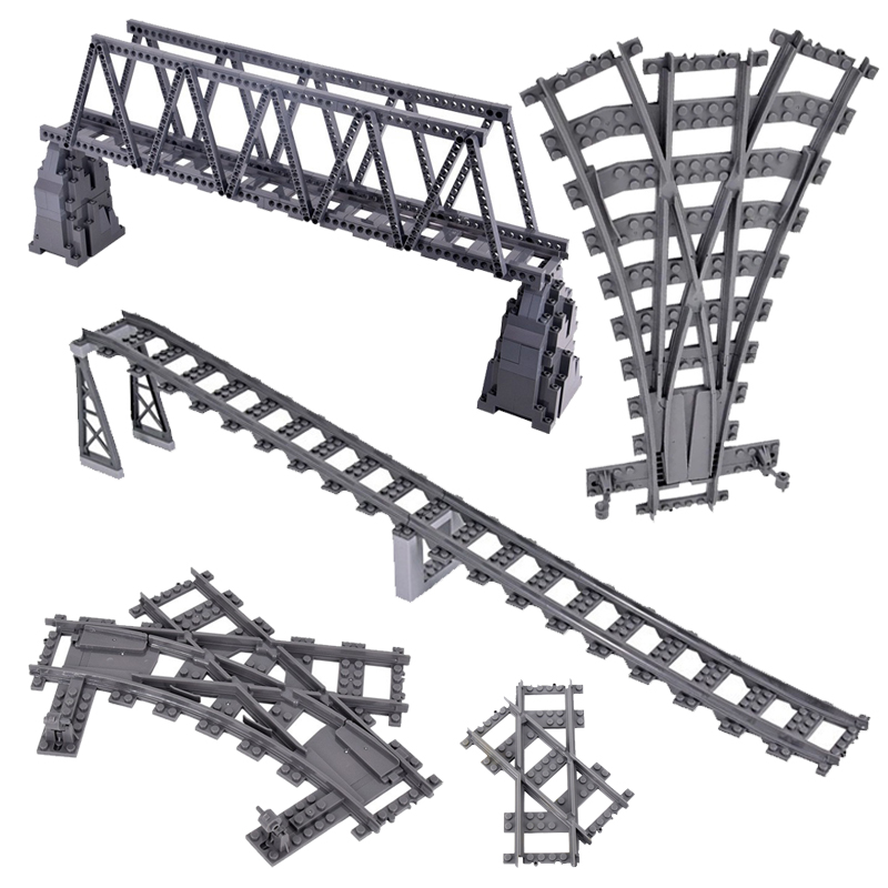 DIY Assembled City Train Track Flexible Straight Rail Curved Rail Switch Fork Railway Street Light Building Block Set MOC Toy