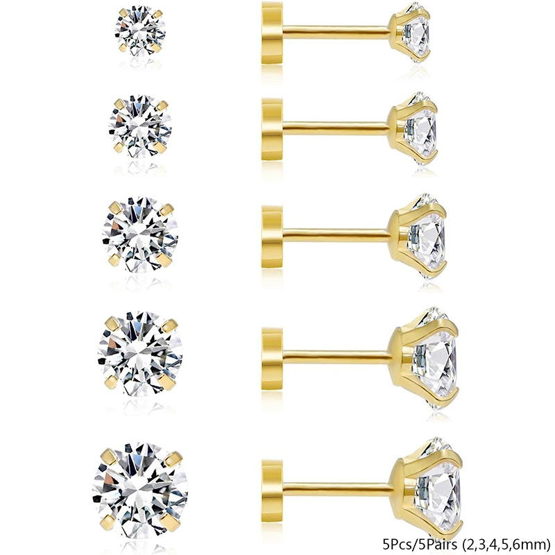 2pcs 20G Hypoallergenic Stud Earrings for Women Men, Stainless Steel Flatback Earrings Cubic Zirconia Earring Piercing Jewelry