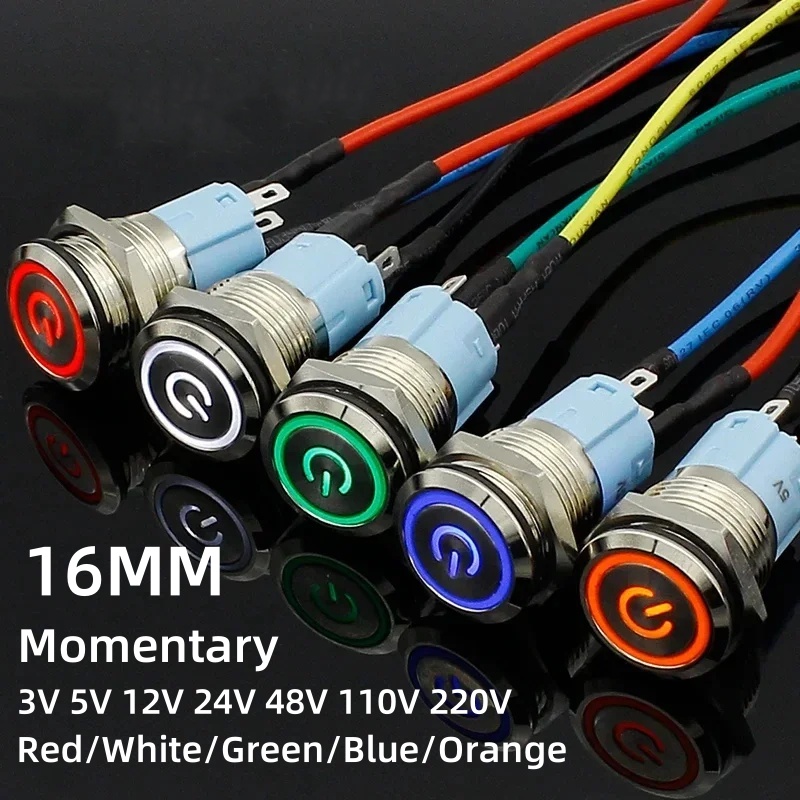 1PC 16MM with LED 3V 5V 12V 24V 220V 10A Metal Button Switch Momentary push button auto reset waterproof illuminated
