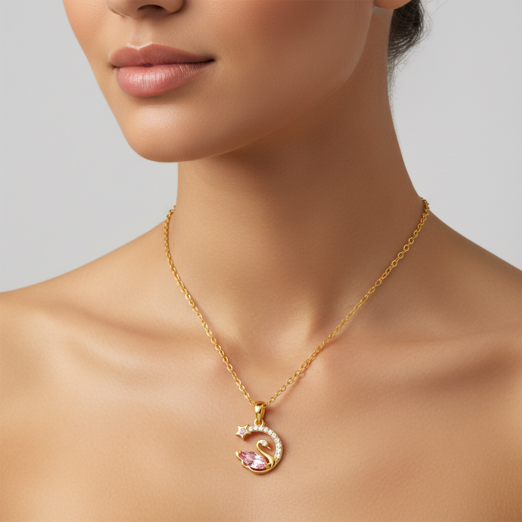Elegant Cute Pink Crystal Swan Necklace for Women Delicate Pendant Stainless Steel Collarbone Chain Jewelry
