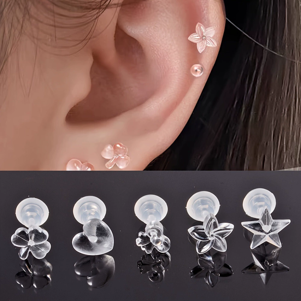 5 Pairs Mix Styles Hypoallergenic Cute Stud Earrings Pins Needle And Resin Clear Ear Floral Heart Tiny Single Side Ear Jewelry